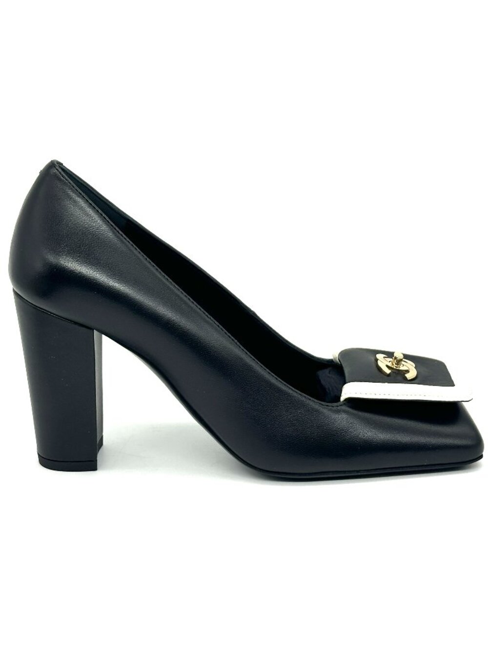 CHANEL 26S Leather Square Toe Turnlock CC Block Heels Pumps Shoes Black Ivory - Picture 6 of 16